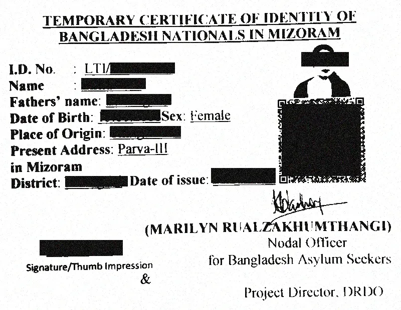 A temporary identity card issued by Indian authorities to a Bawm refugee in Mizoram